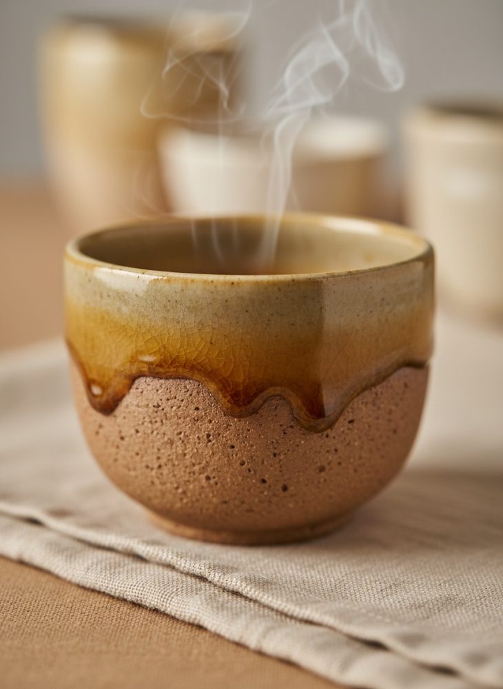 Caneca de cerâmica castanha com chá quente e vapor sobe na superfície