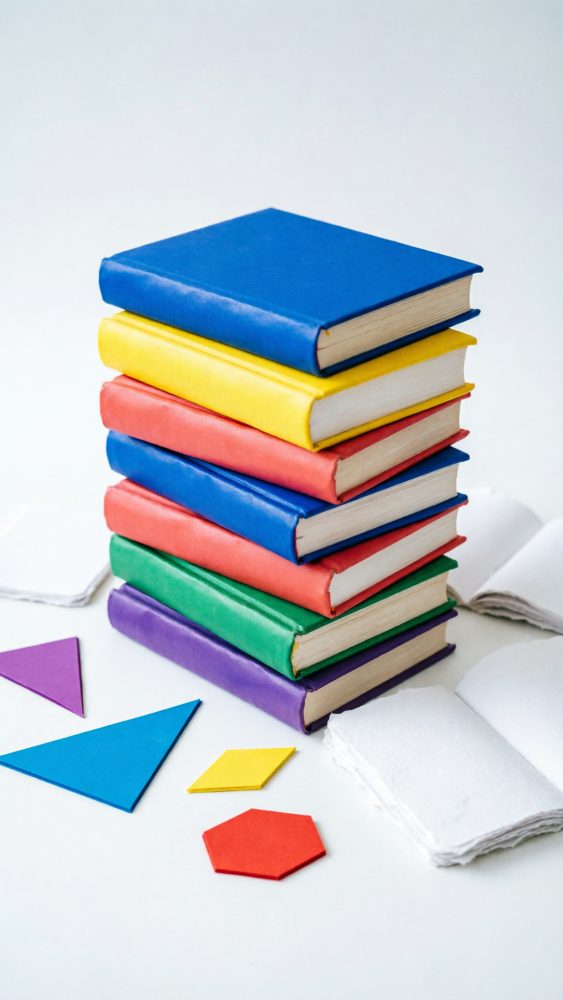 Pilhas de livros com capas coloridas e várias formas geométricas de papel em fundo branco