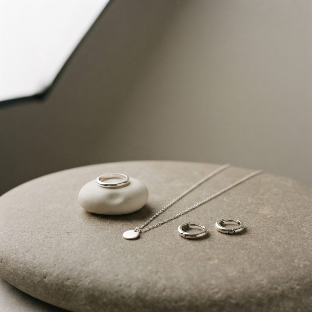 Conjunto de joias minimalistas em prata com anel, colar e brincos sobre base neutra
