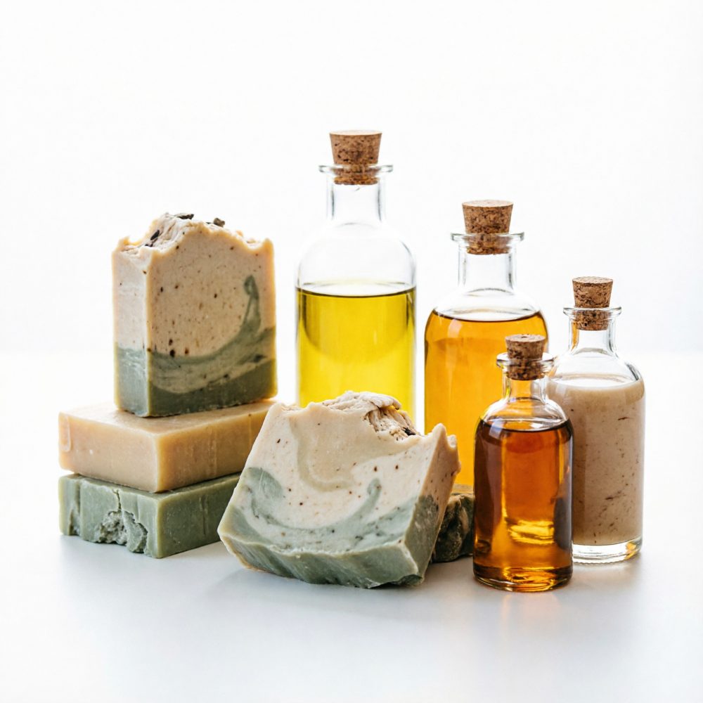 Sabões artesanais em tons creme e verde com frascos de óleo essencial com rolhas de cortiça