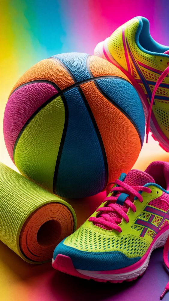 Ténis desportivos amarelos, bola de basquetebol colorida e tapete de yoga em fundo colorido
