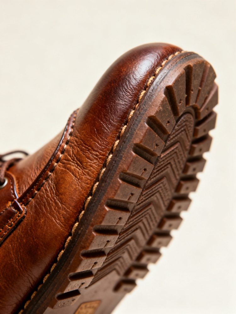 Sola de borracha com padrão antiderrapante e parte inferior de sapato em couro castanho