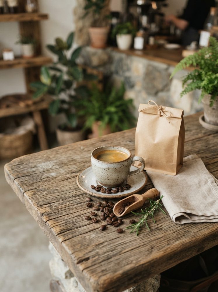 Caneca de café sobre pires com grãos, saco de papel e colher de madeira numa mesa rústica