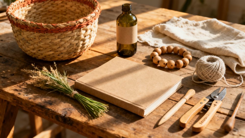 Mesa rústica com materiais naturais para artesanato e ferramentas manuais