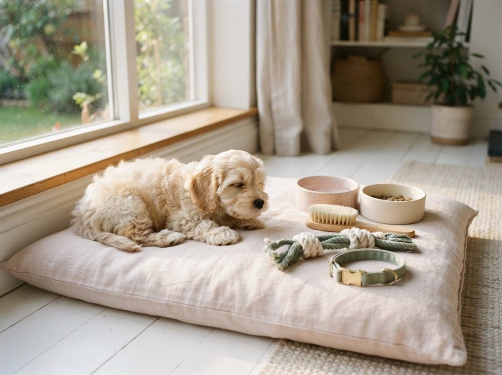 Cachorro pequeno a dormir numa almofada com coleira, brinquedo, escova e tigelas ao lado junto a janela