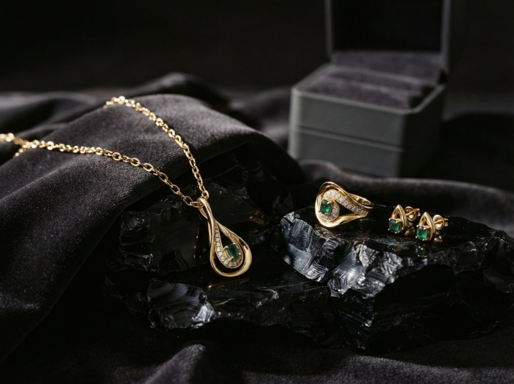 Conjunto de joias com colar, anel e brincos em ouro com esmeraldas sobre tecido preto.