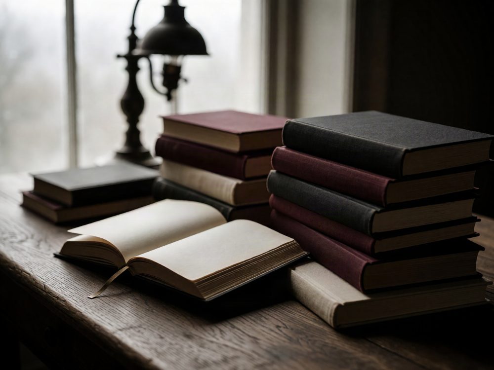 Pilha de livros antigos em mesa de madeira rústica iluminada por luz natural suave da janela