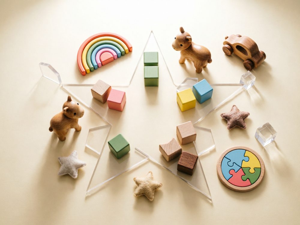 Brinquedos educativos de madeira e feltro dispostos em forma de estrela com arco-íris colorido
