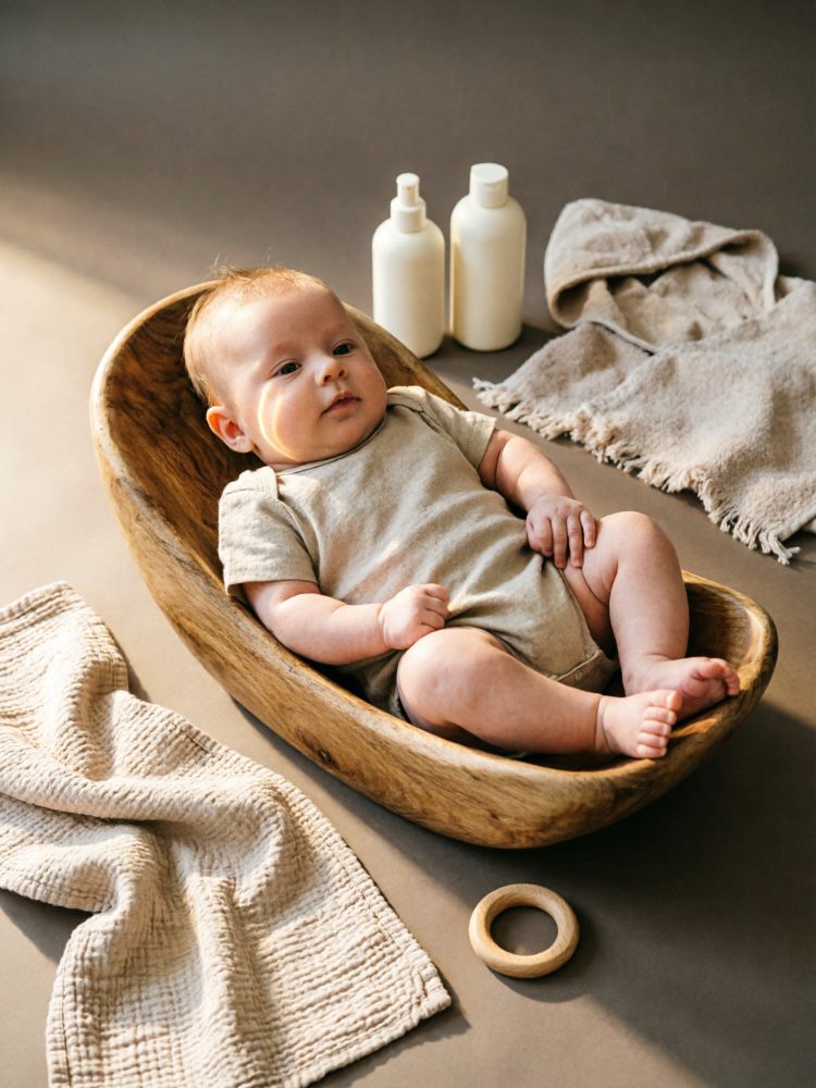 Bebé deitado numa pequena cama de madeira com toalhas e produtos de higiene ao redor