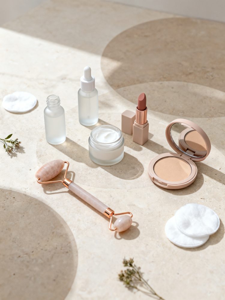 Produtos de cosmética com roller facial, creme, baton nude e pó compacto sobre superfície clara