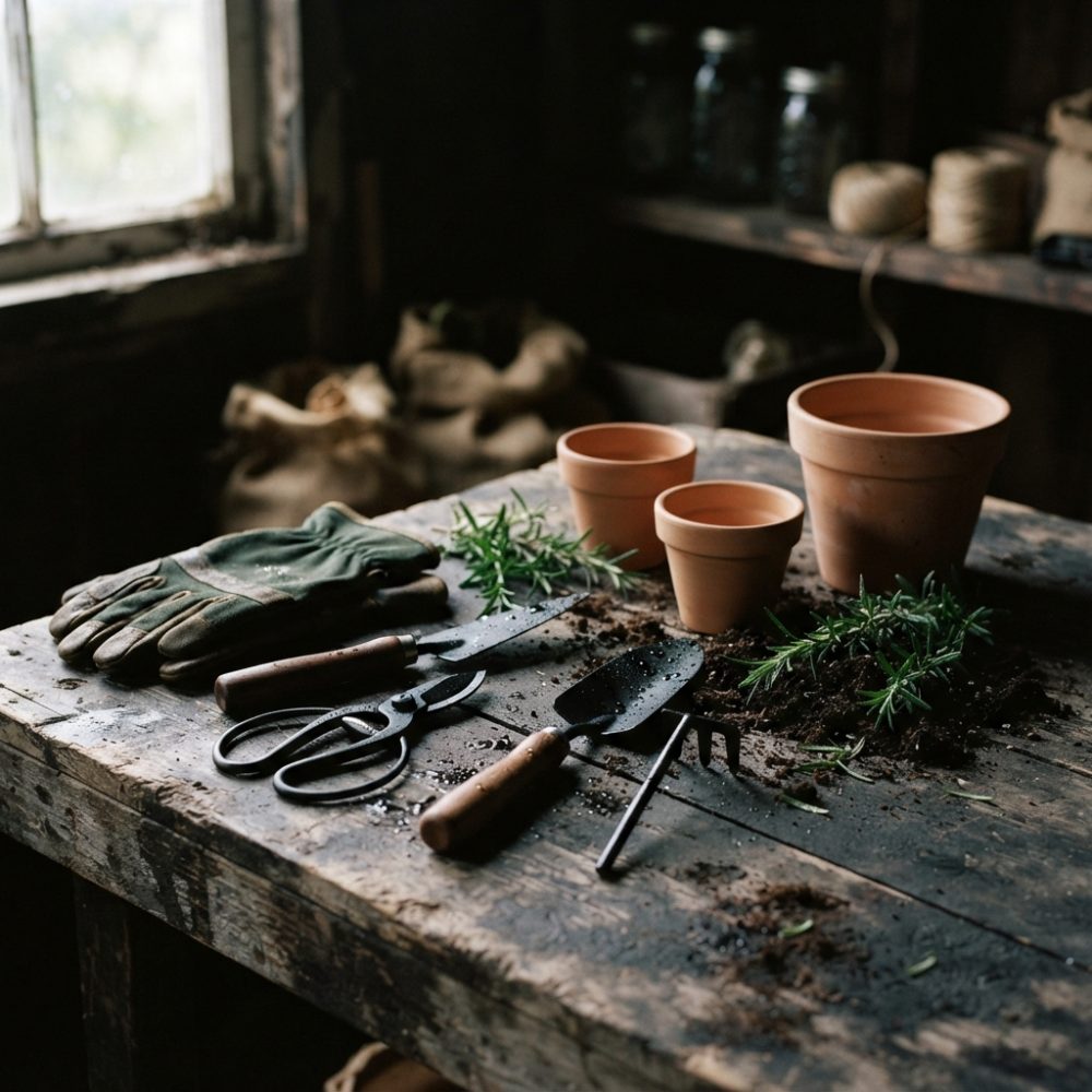 Mesa rústica com vasos de barro, ferramentas de jardinagem e luvas verdes junto a plantas e terra