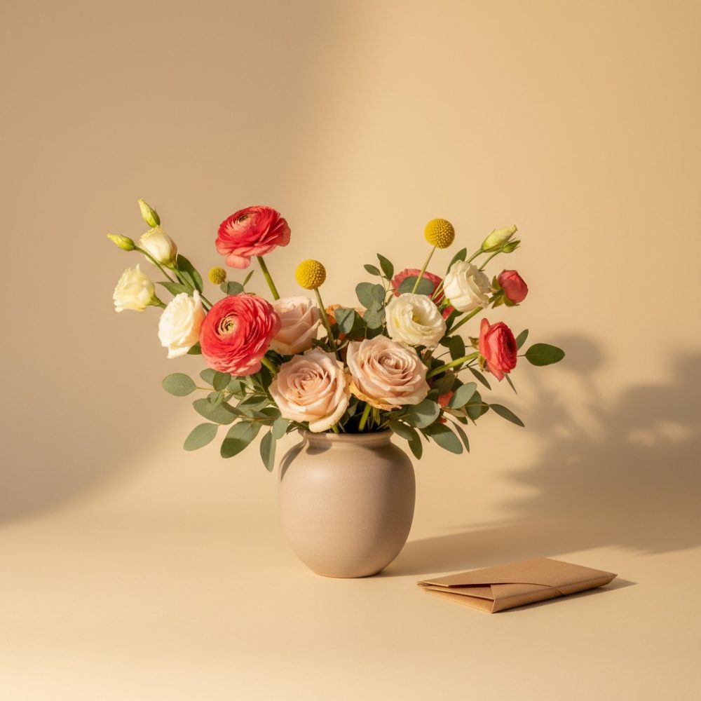 Arranjo de flores com rosas, craspédias e folhagem num vaso bege com envelope ao lado