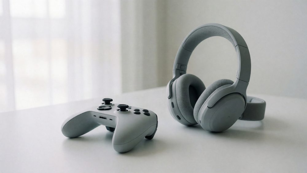 Comando de videojogos cinzento e auscultadores acolchoados sobre superfície branca