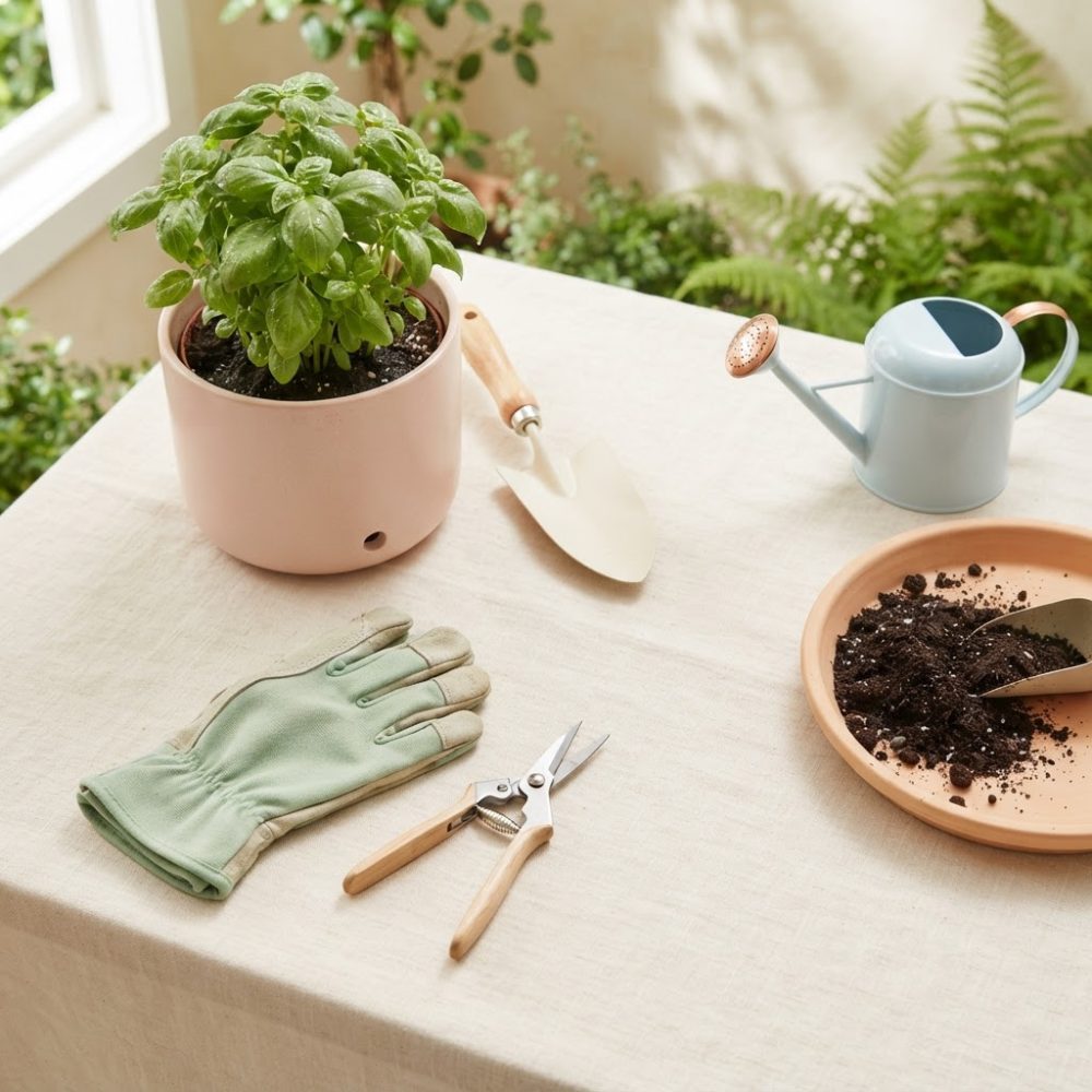 Mesa com vaso de planta, regador azul, pá, luvas verdes e tesoura de poda sobre tecido claro