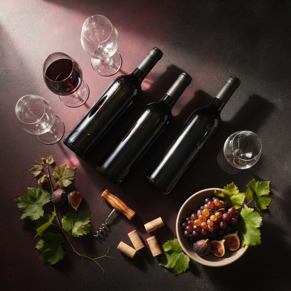Três garrafas de vinho tinto ladeadas por taças, rolhas, saca-rolhas, uvas e figos frescos