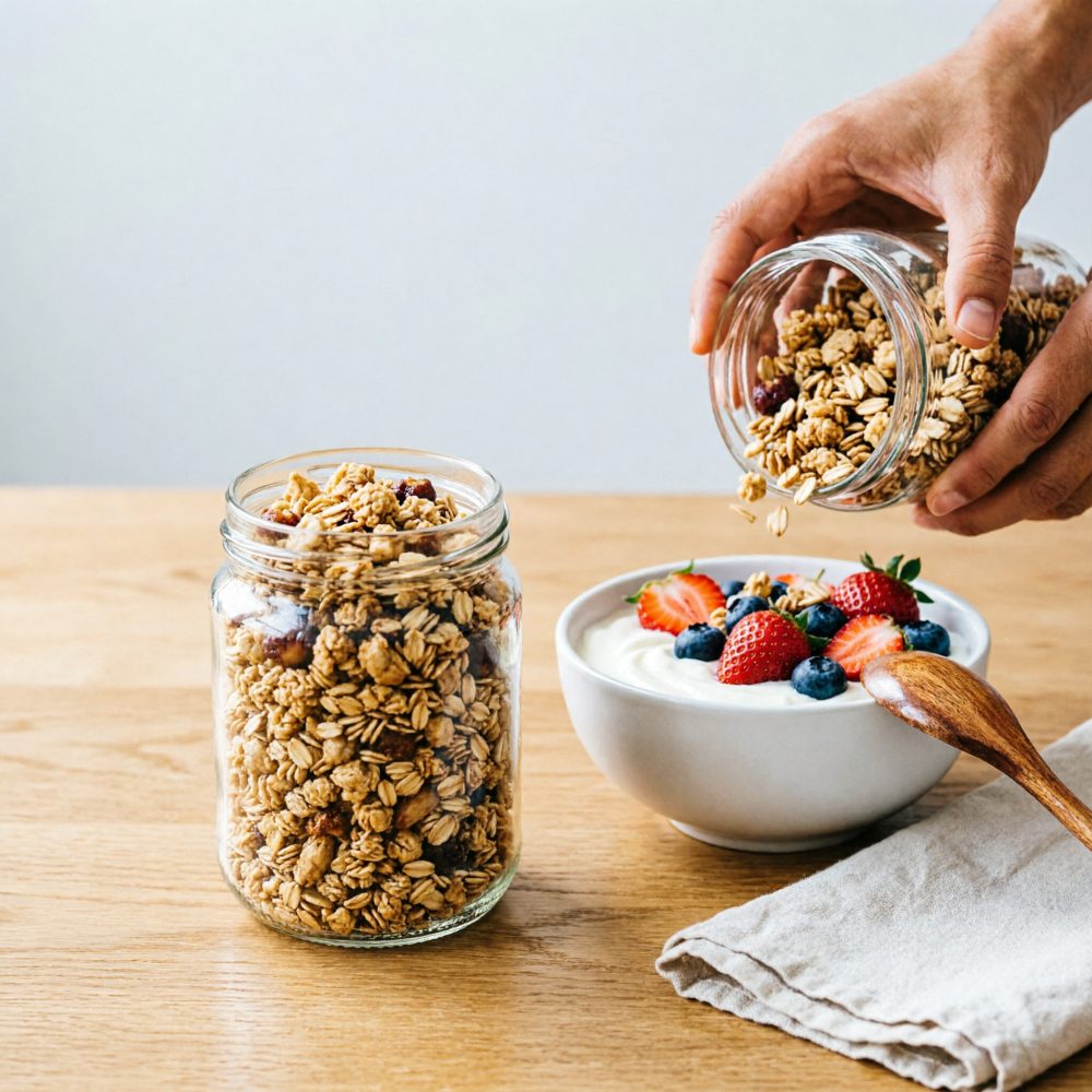 Mãos a despejar granola de frasco para tigela de iogurte com morangos e mirtilos sobre mesa de madeira