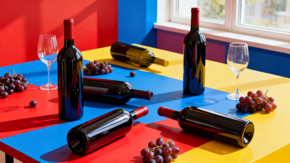 Garrafas de vinho tinto e taças sobre mesa vermelha, azul e amarela com cachos de uvas
