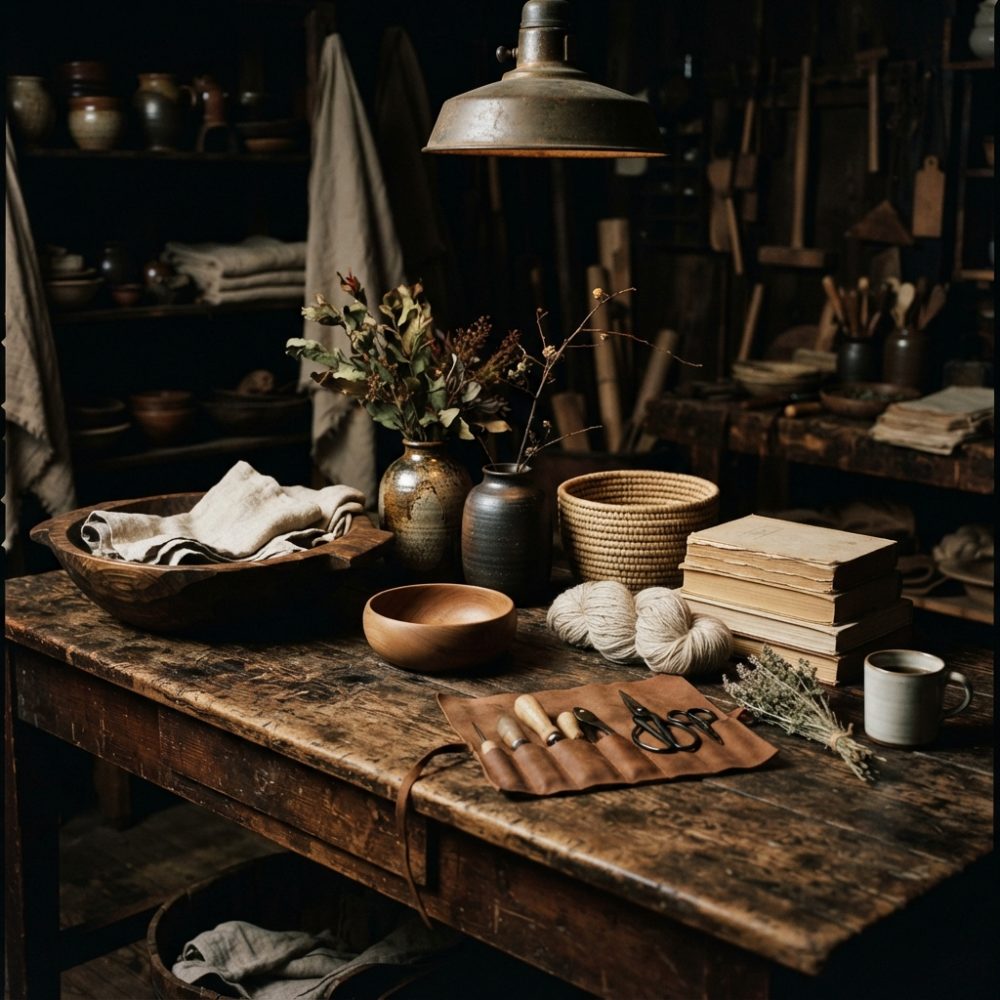 Mesa rústica com ferramentas de artesanato, vasos, novelos de lã, livros e flores secas num espaço tradicional