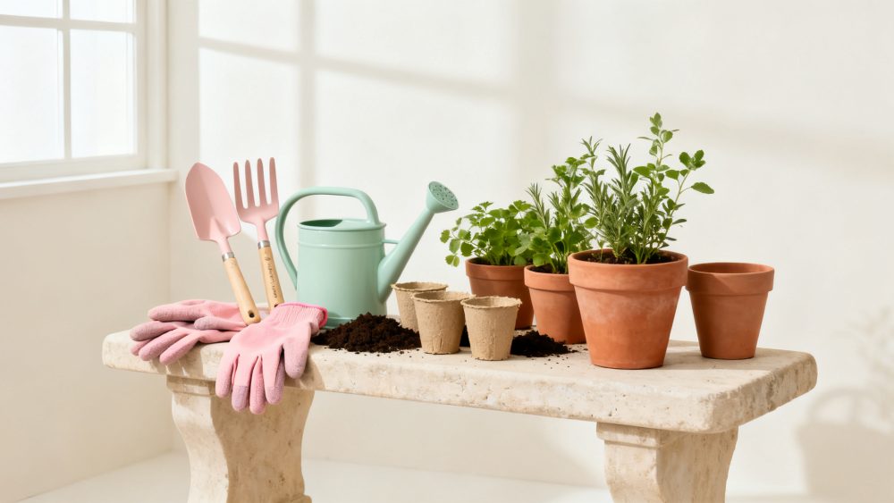 Conjunto de ferramentas rosas, luvas, regador e vasos com plantas aromáticas num banco de pedra