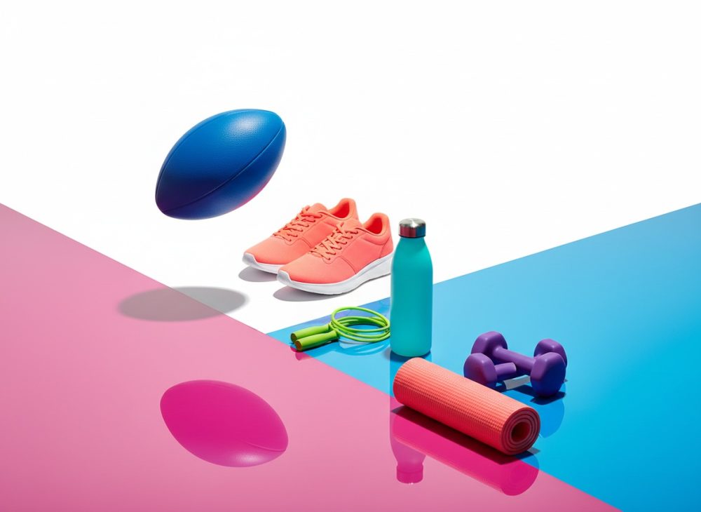 Equipamento de desporto colorido com ténis, bola azul, corda, garrafa e pesos sobre fundo rosa e azul