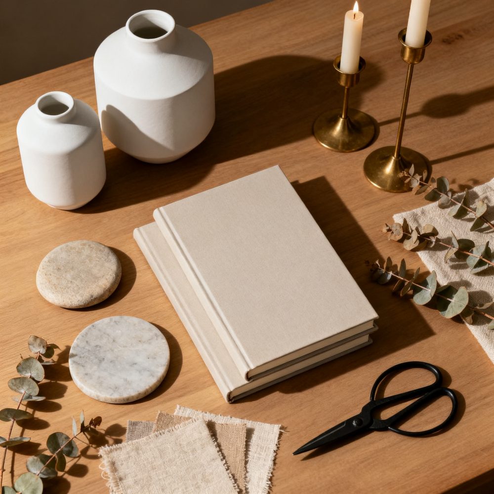 Mesa com livros, vasos brancos, velas nos castiçais dourados, tecidos e tesoura preta para decoração minimalista
