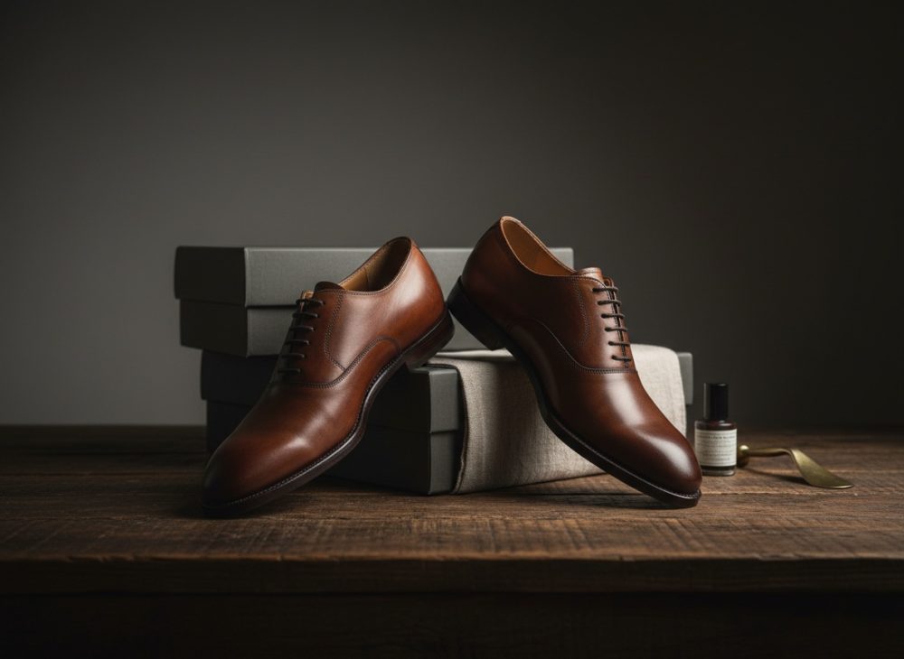Sapatos de couro castanho clássico sobre caixas cinza em mesa de madeira escura