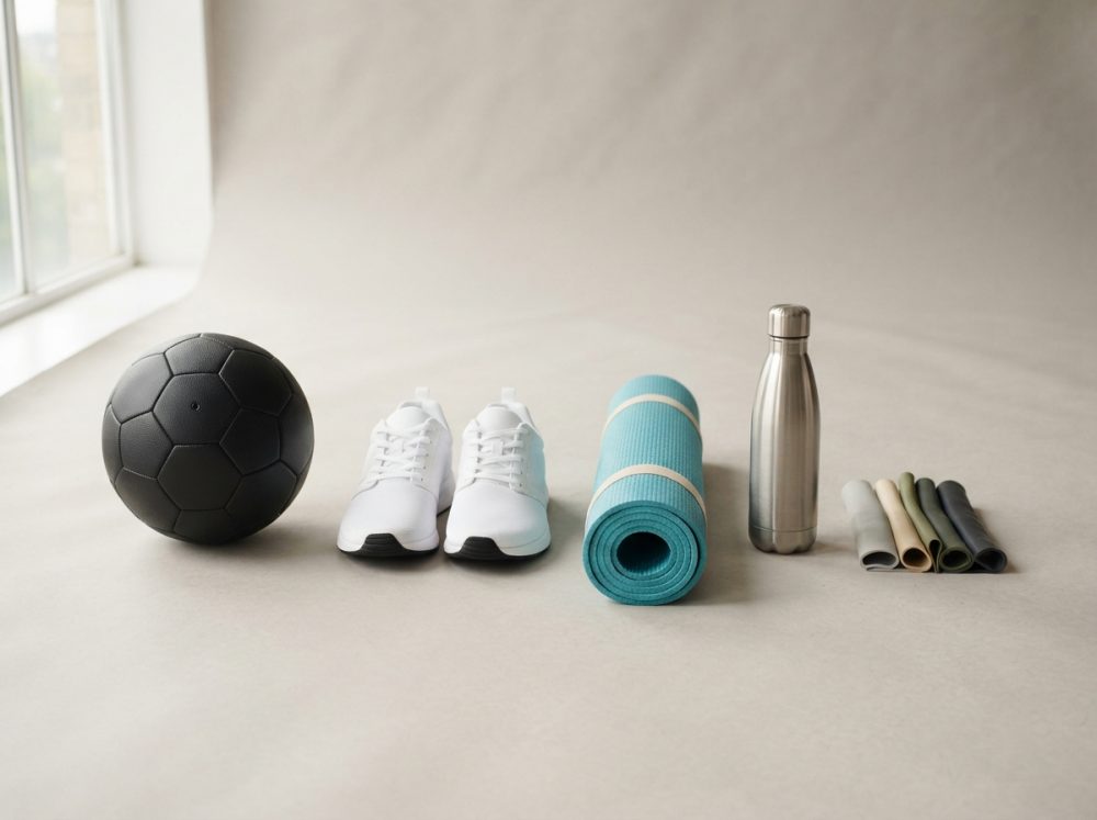 Conjunto de equipamentos desportivos com bola, ténis, tapete, garrafa e faixas elásticas