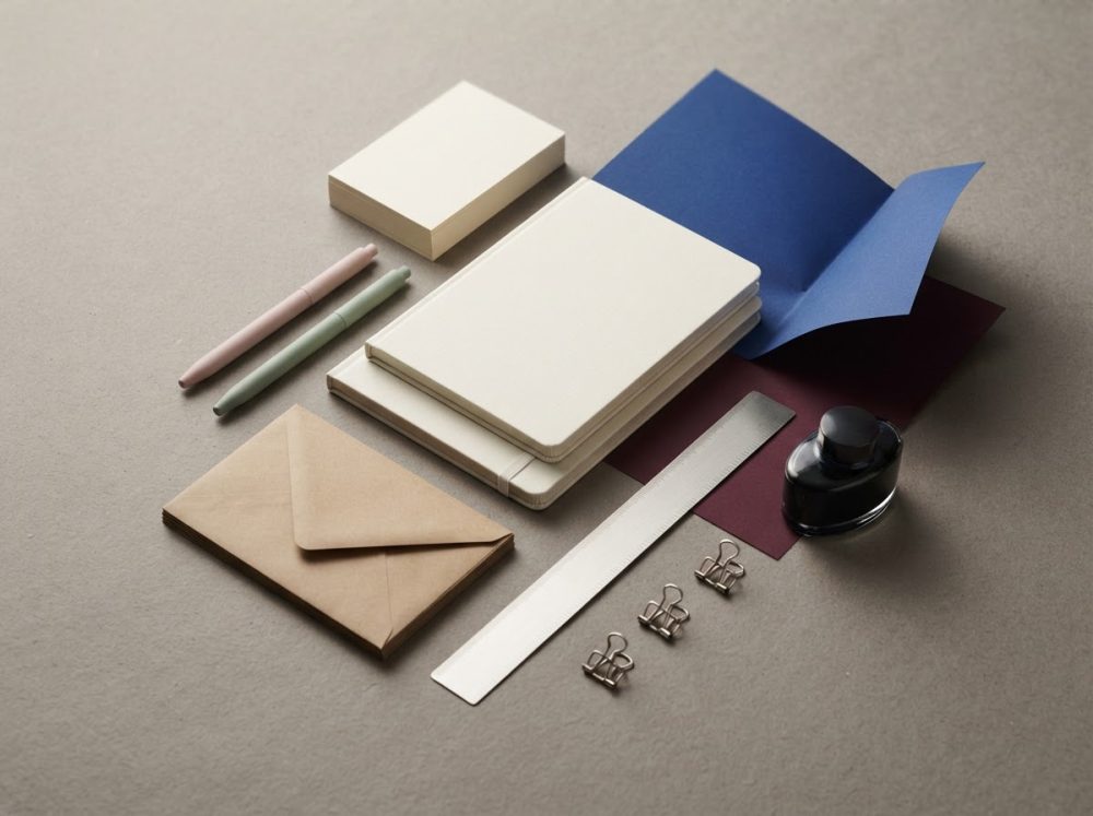 Conjunto minimalista de papelaria com cadernos, envelope, canetas, clips, régua e tinteiro