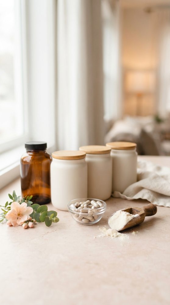 Frascos e cápsulas de suplementos naturais com colher de pó e flores decorativas