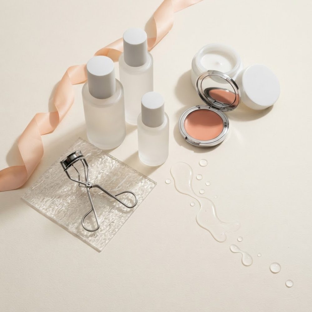 Produtos de beleza com frascos, creme, blush compacto, curvex e fita cor de pêssego sobre fundo claro