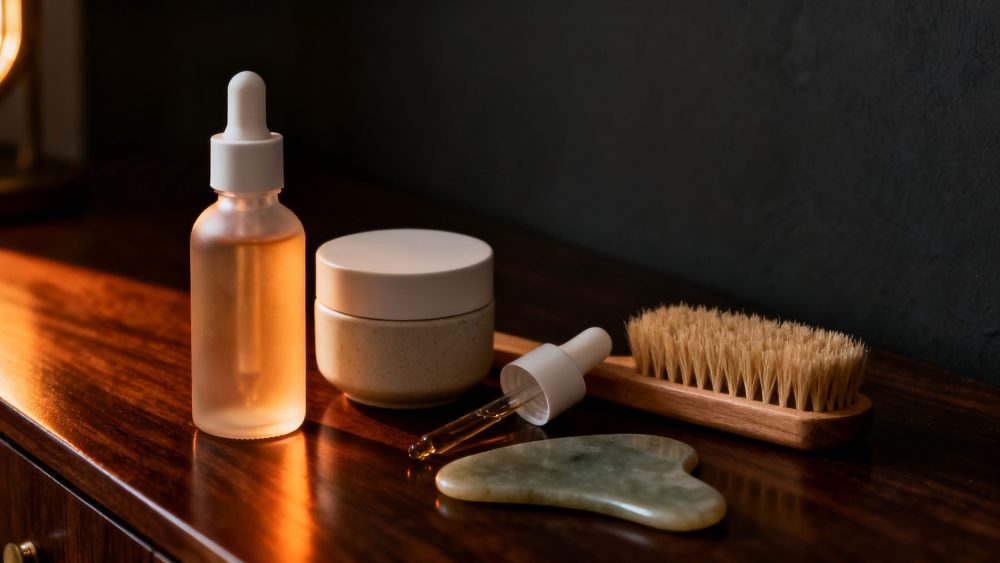 Óleo facial, creme, escova e gua sha sobre madeira escura com luz quente