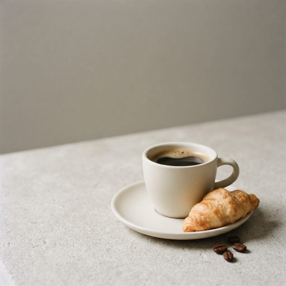 Chávena branca com café expresso e croissant sobre pires branco com grãos de café ao lado