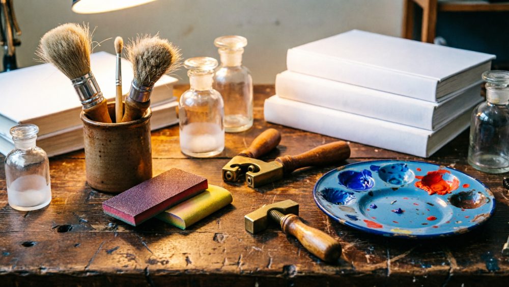Mesa de restauração com pincéis, tintas, ferramentas e livros sobre madeira rústica