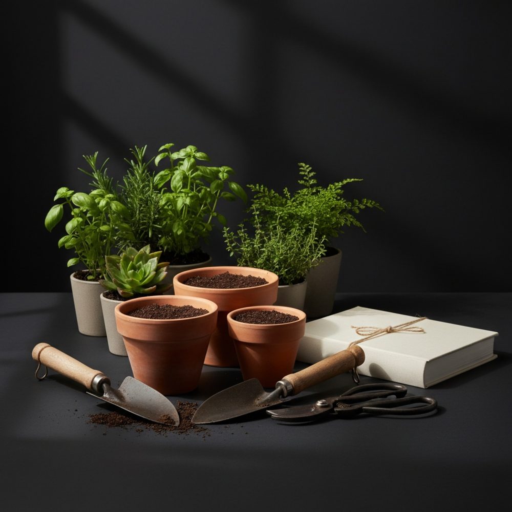 Vasos de barro com terra, plantas aromáticas, ferramentas de jardinagem e caderno branco sobre fundo escuro