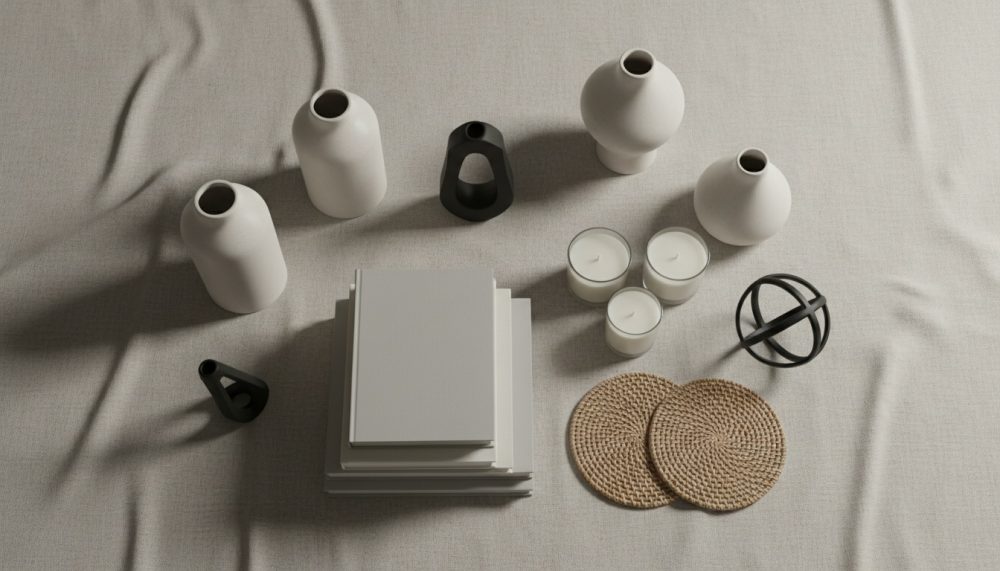 Conjunto decorativo minimalista com vasos brancos, velas, suportes pretos, bases de rattan e livros sobre tecido bege