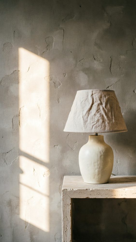 Candeeiro de mesa com base cerâmica branca e abat-jour bege sobre mesa de pedra