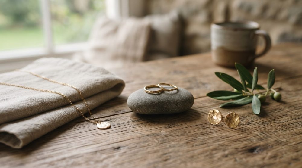 Anéis, colar e brincos dourados sobre pedra, tecido e mesa de madeira rústica com ramo verde