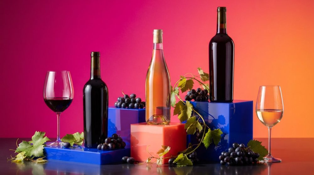 Três garrafas de vinho com copos e cachos de uvas sobre blocos coloridos num fundo rosa e laranja