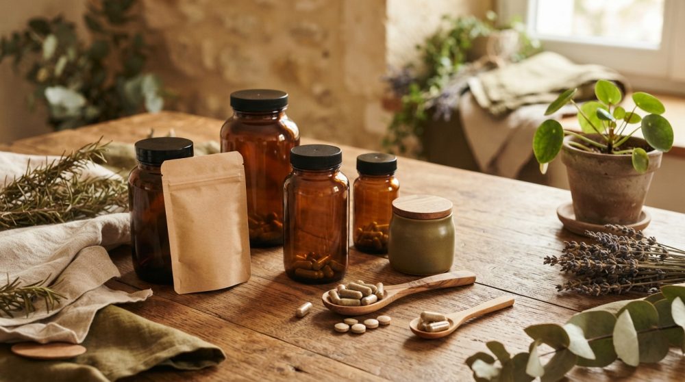 Frascos âmbar e cápsulas sobre mesa de madeira com plantas e elementos naturais