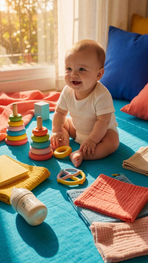 Bebé sorridente sentado em tapete azul com brinquedos coloridos e mantas perto da janela com luz natural