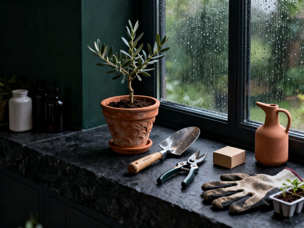 Vaso de barro com planta, ferramentas de jardinagem e regador num peitoril de janela com chuva