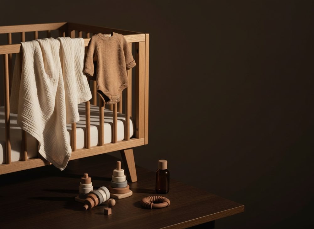 Berço de madeira com manta creme e body castanho pendurado acompanhado de brinquedos de madeira