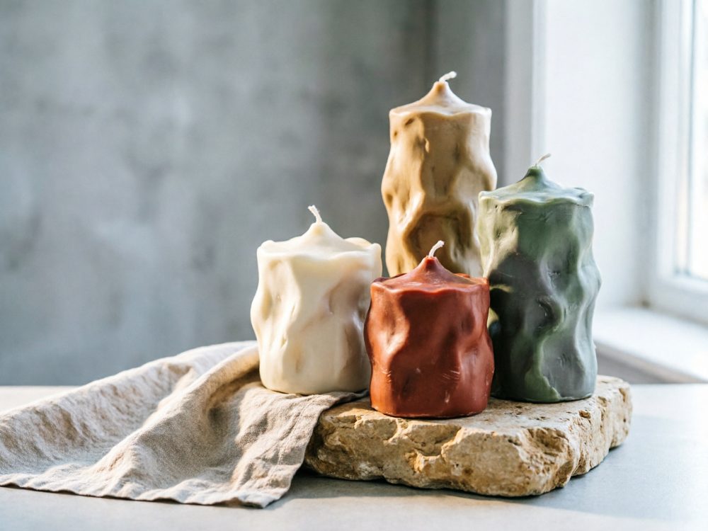 Conjunto de quatro velas artesanais de cores naturais sobre pedra rústica e tecido neutro junto a janela