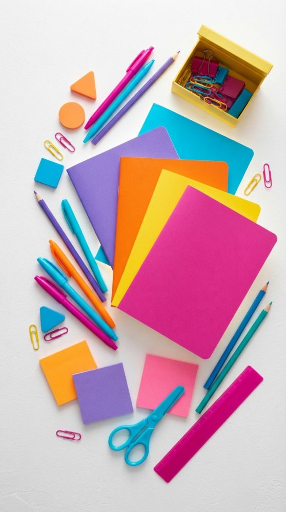 Material de papelaria colorido com cadernos, canetas, tesoura e clips sobre fundo branco