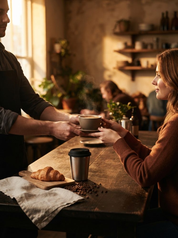 Mulher recebe chávena de café quente das mãos do barista num café com balcão rústico e croissant.