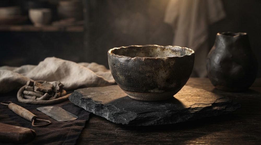 Tigela artesanal com borda irregular e vaso em cerâmica escura sobre base de ardósia rústica
