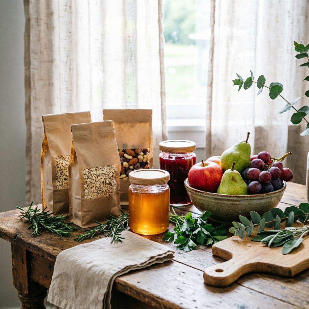 Mesa com frutas frescas, trigo em embalagem de papel, mel e compota em frascos, ervas aromáticas e tábua de madeira