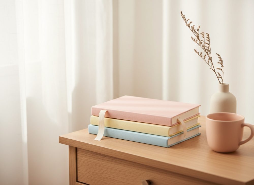 Livros coloridos e pastéis empilhados sobre mesa de madeira com caneca rosa e vaso branco