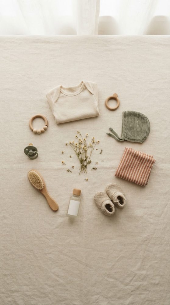 Roupa e acessórios neutros para bebé dispostos com flores secas sobre tecido bege