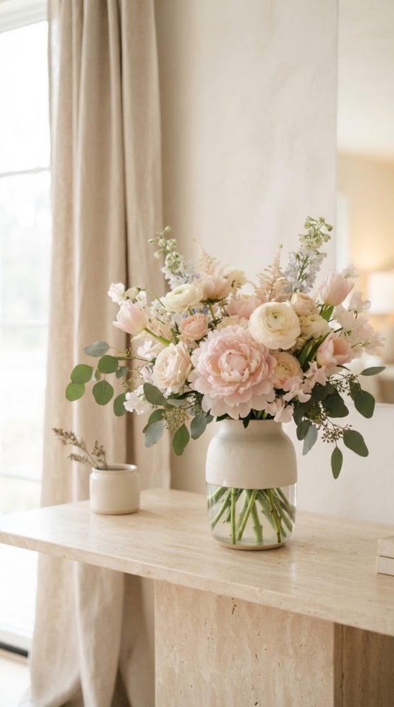 Bouquet de flores rosa e branco em vaso de vidro sobre mesa clara perto de janela com cortinas beje